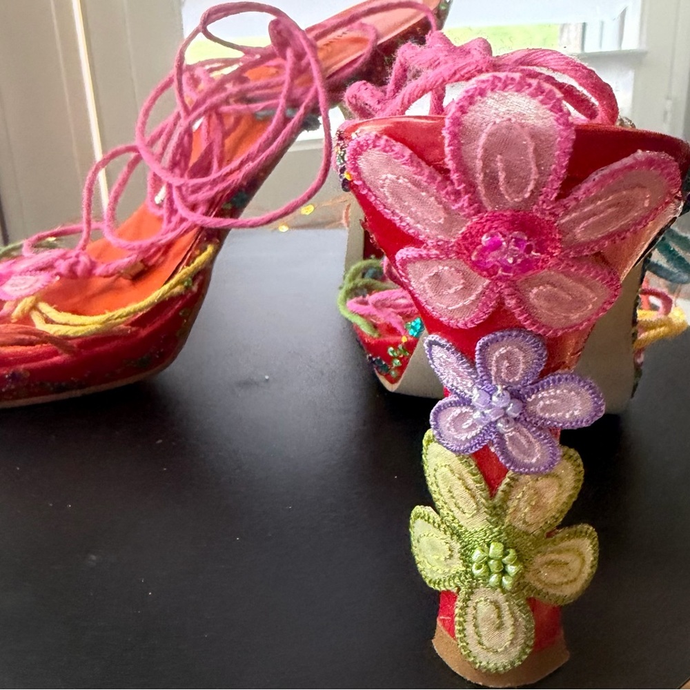 OOAK Bright Lights Strappy Rainbow Gladiator Statement Platform Heels, sz 8.5 - Picture 10 of 17